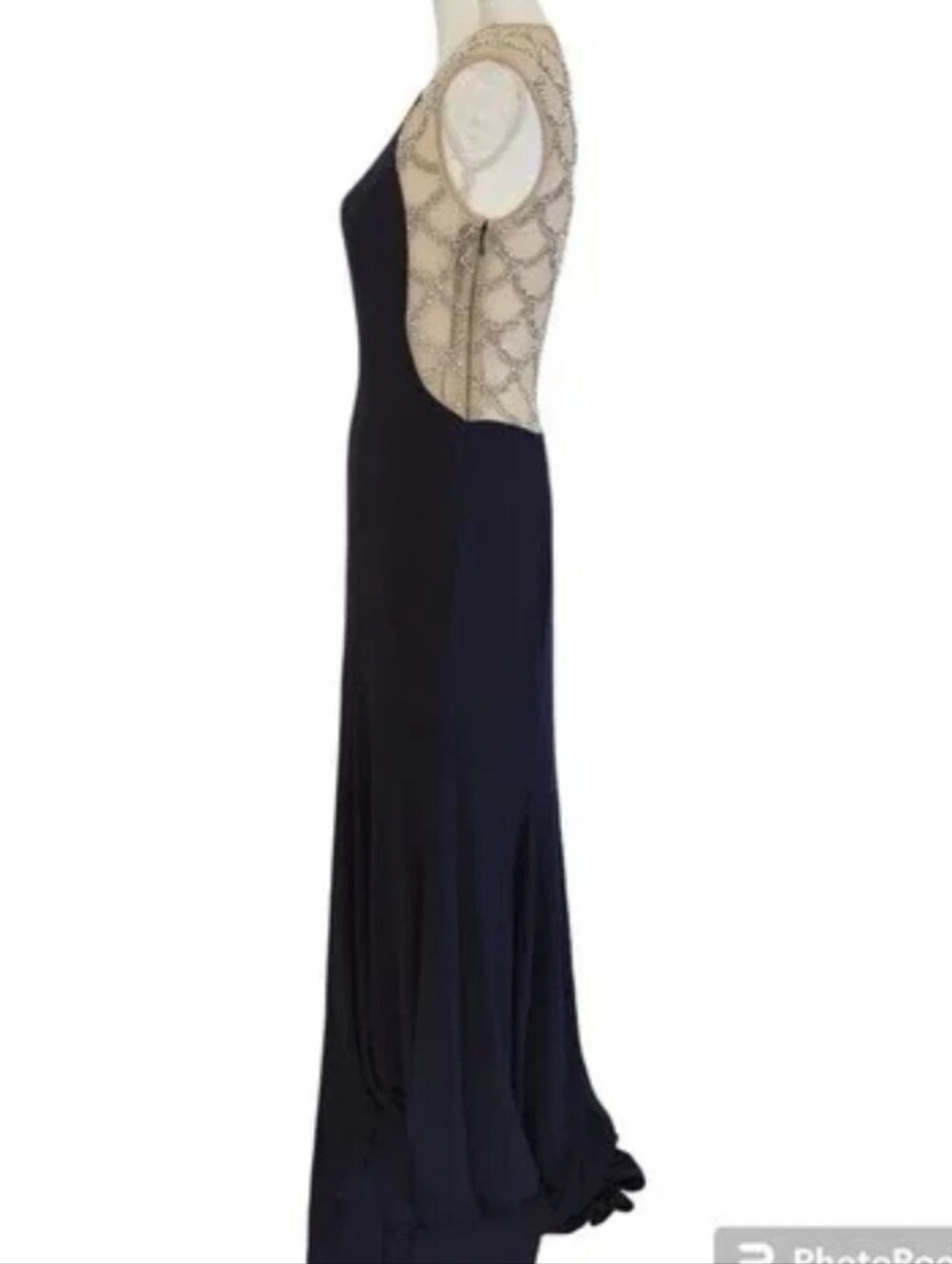 Xscape Elegant Navy Evening Gown with Beaded Illusion Back Size 8 A82 - Picture 3 of 5